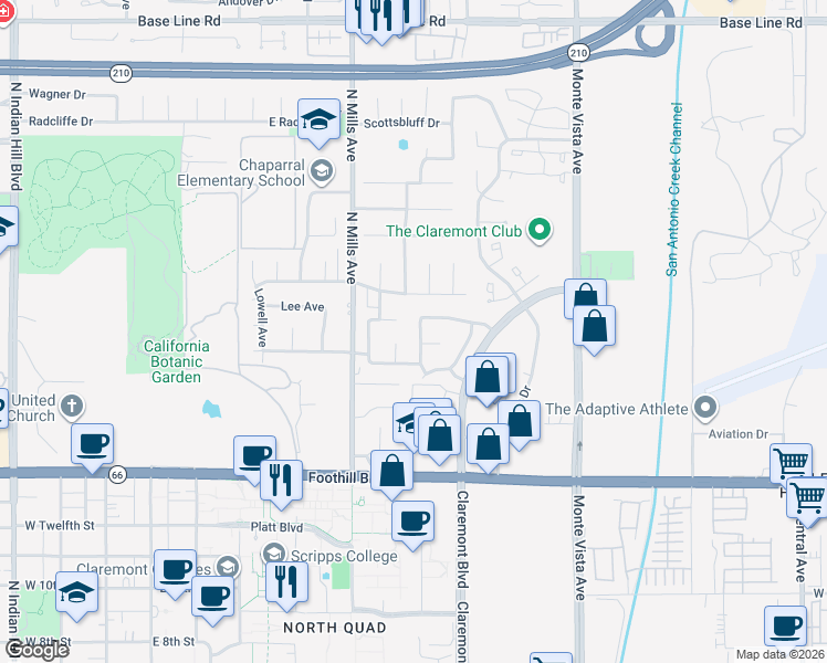 map of restaurants, bars, coffee shops, grocery stores, and more near 1559 Webster Avenue in Claremont