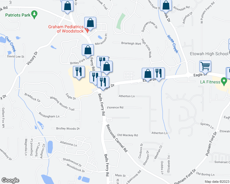 map of restaurants, bars, coffee shops, grocery stores, and more near 1004 Atherton Lane in Woodstock