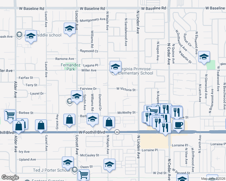 map of restaurants, bars, coffee shops, grocery stores, and more near 1669 West Victoria Street in Rialto