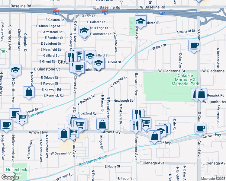 map of restaurants, bars, coffee shops, grocery stores, and more near 5441 North Calera Avenue in Covina