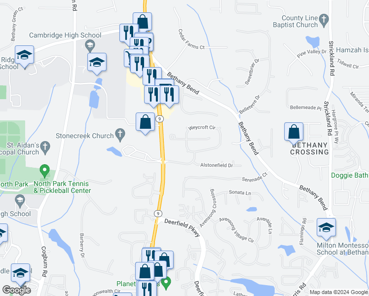 map of restaurants, bars, coffee shops, grocery stores, and more near 13622 Weycroft Circle in Alpharetta