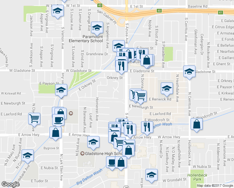 map of restaurants, bars, coffee shops, grocery stores, and more near 156 Cindy Lou Court in Azusa