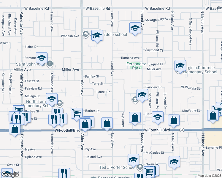 map of restaurants, bars, coffee shops, grocery stores, and more near 7832 Laurel Avenue in Fontana