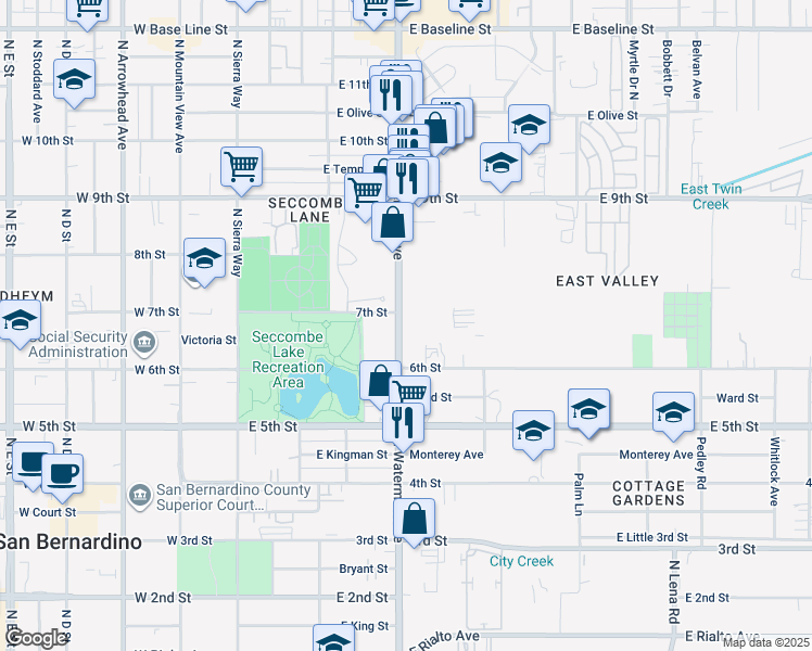 map of restaurants, bars, coffee shops, grocery stores, and more near 697 North Waterman Avenue in San Bernardino