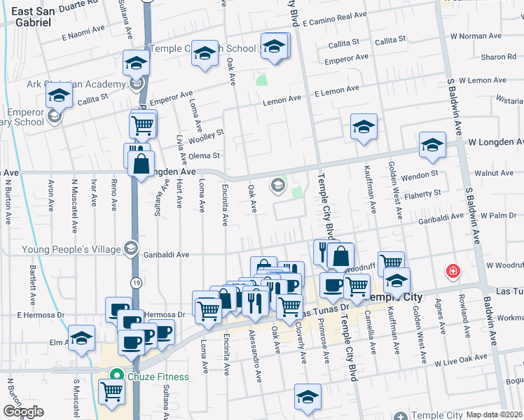 map of restaurants, bars, coffee shops, grocery stores, and more near 6204 Oak Avenue in Temple City