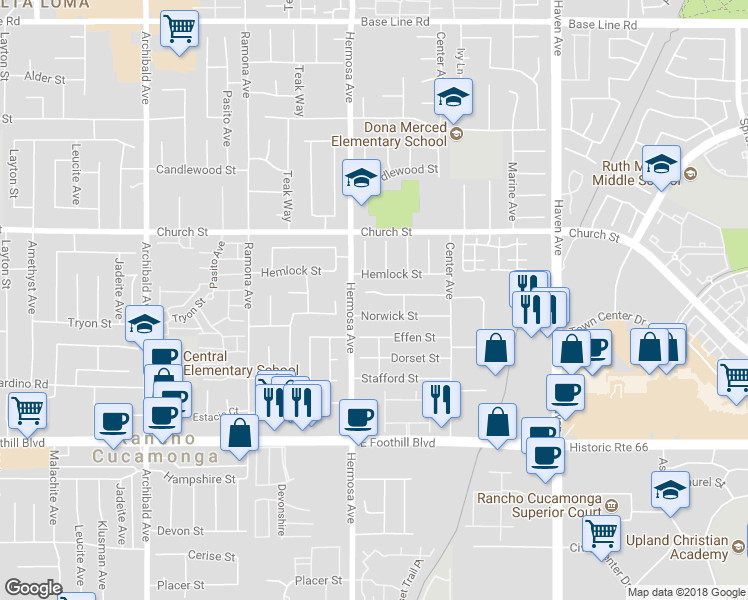 map of restaurants, bars, coffee shops, grocery stores, and more near 10149 Ashford Street in Rancho Cucamonga