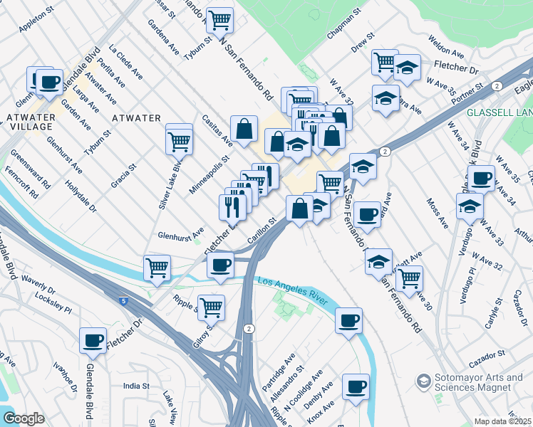 map of restaurants, bars, coffee shops, grocery stores, and more near 3032 La Clede Avenue in Los Angeles