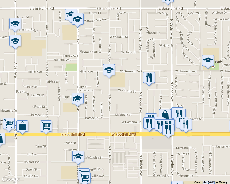 map of restaurants, bars, coffee shops, grocery stores, and more near 1669 West Victoria Street in Rialto