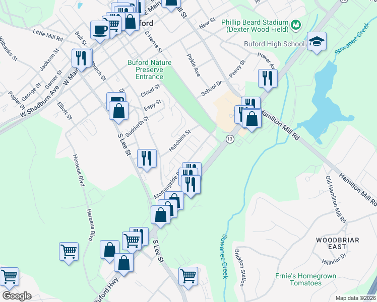 map of restaurants, bars, coffee shops, grocery stores, and more near 4800 Miller Hill Road in Buford