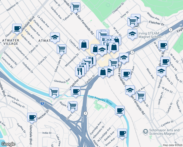 map of restaurants, bars, coffee shops, grocery stores, and more near 3032 La Clede Avenue in Los Angeles