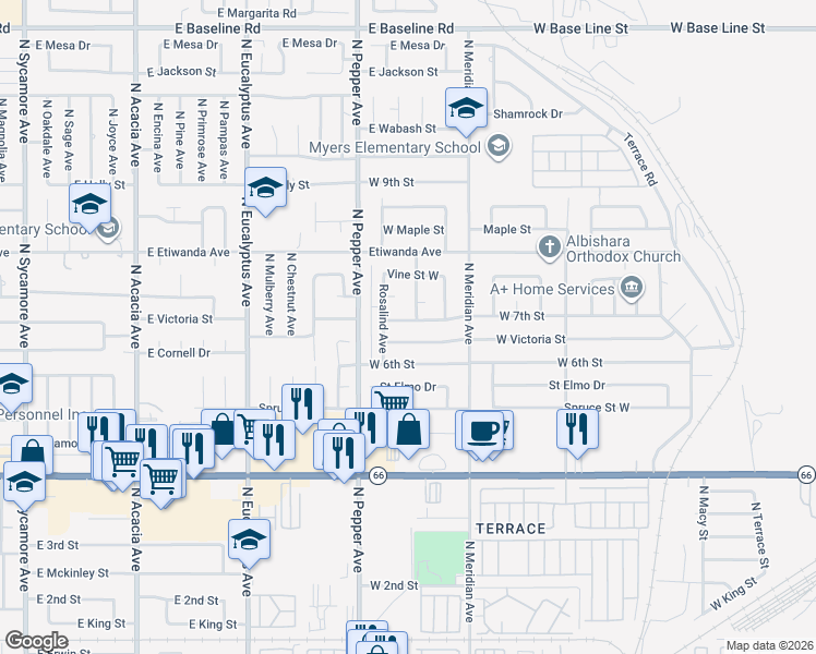 map of restaurants, bars, coffee shops, grocery stores, and more near 2815 West 7th Street in Rialto