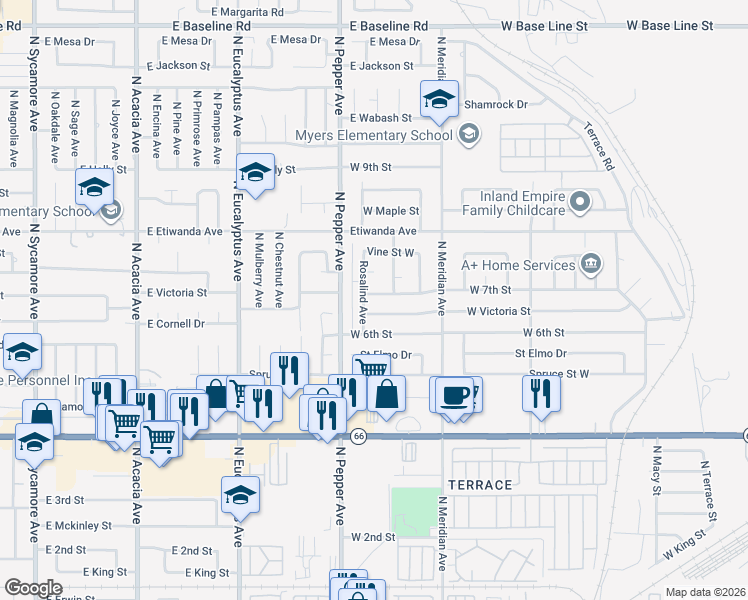 map of restaurants, bars, coffee shops, grocery stores, and more near 2837 West 7th Street in Rialto