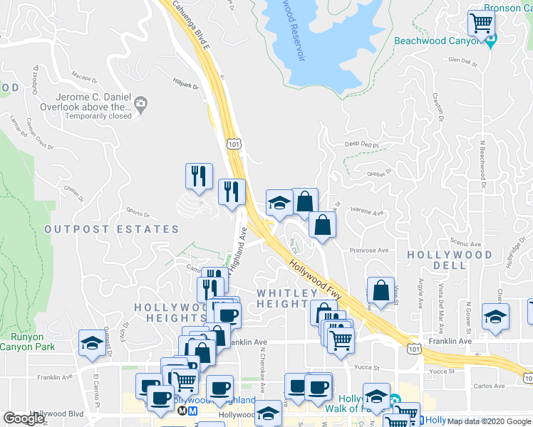 map of restaurants, bars, coffee shops, grocery stores, and more near 2338 North Cahuenga Boulevard in Los Angeles