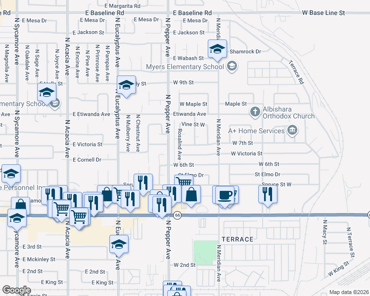 map of restaurants, bars, coffee shops, grocery stores, and more near 2815 West 7th Street in Rialto