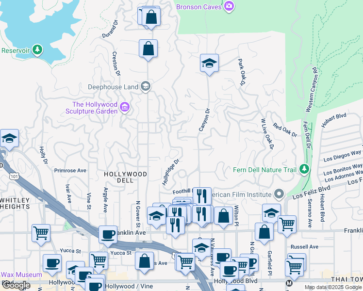 map of restaurants, bars, coffee shops, grocery stores, and more near 2368 Hollyridge Drive in Los Angeles