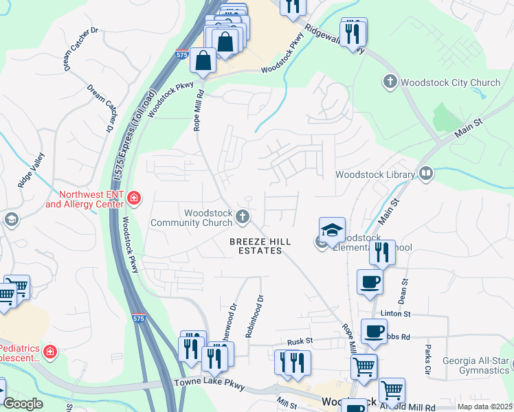map of restaurants, bars, coffee shops, grocery stores, and more near 110 Mill Park Chase in Woodstock