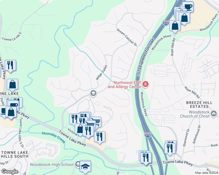 map of restaurants, bars, coffee shops, grocery stores, and more near 4200 Moccasin Trail in Woodstock