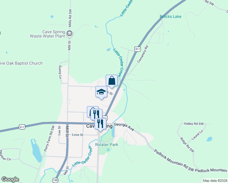 map of restaurants, bars, coffee shops, grocery stores, and more near 106 Fincher Street in Cave Spring