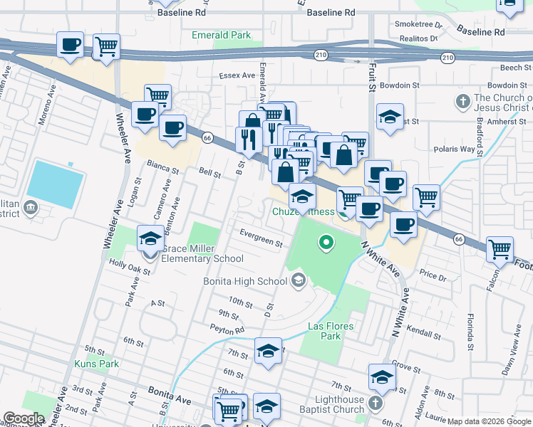 map of restaurants, bars, coffee shops, grocery stores, and more near 2026 Canopy Lane in La Verne