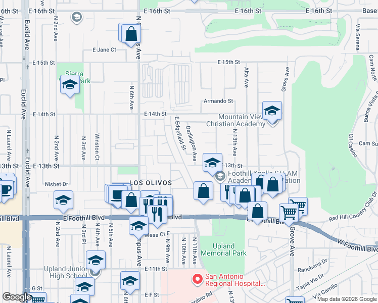 map of restaurants, bars, coffee shops, grocery stores, and more near 1061 East Edgefield Street in Upland