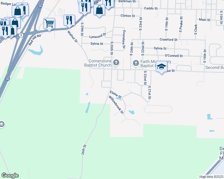 map of restaurants, bars, coffee shops, grocery stores, and more near 2508 Elaine Street in Arkadelphia