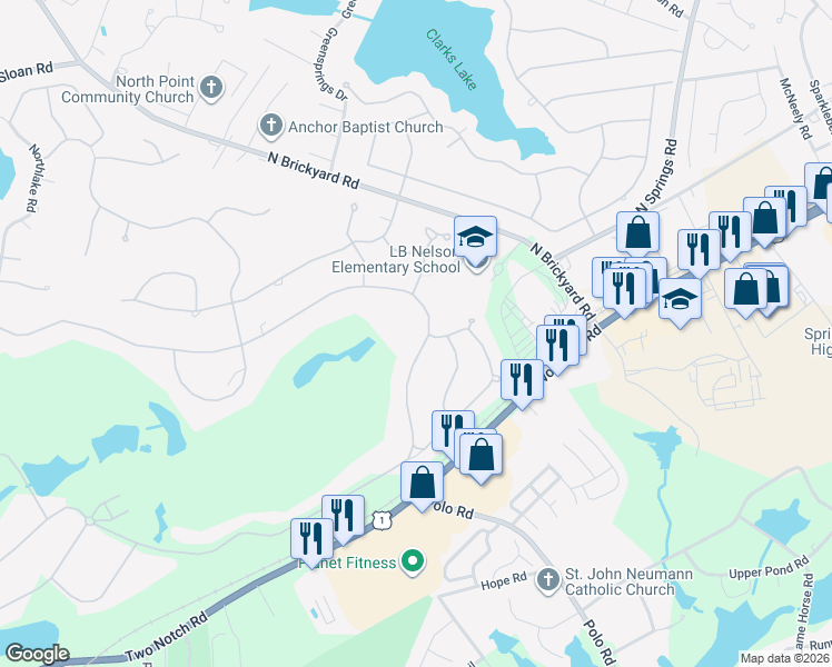 map of restaurants, bars, coffee shops, grocery stores, and more near 732 Southlake Road in Columbia