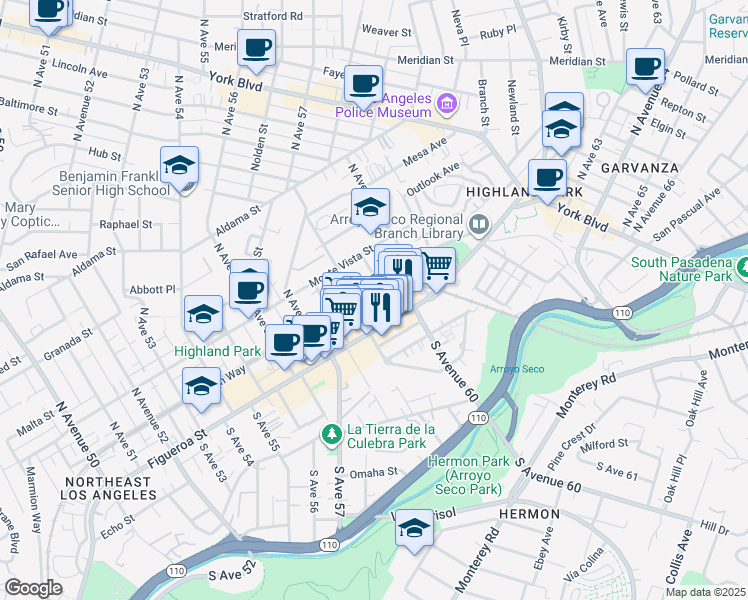 map of restaurants, bars, coffee shops, grocery stores, and more near 5916 Marmion Way in Los Angeles