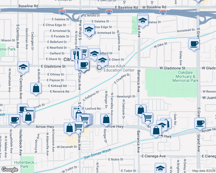 map of restaurants, bars, coffee shops, grocery stores, and more near 5435 North Ranger Drive in Covina