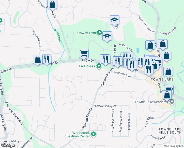 map of restaurants, bars, coffee shops, grocery stores, and more near 409 Larussa Ct. in Woodstock