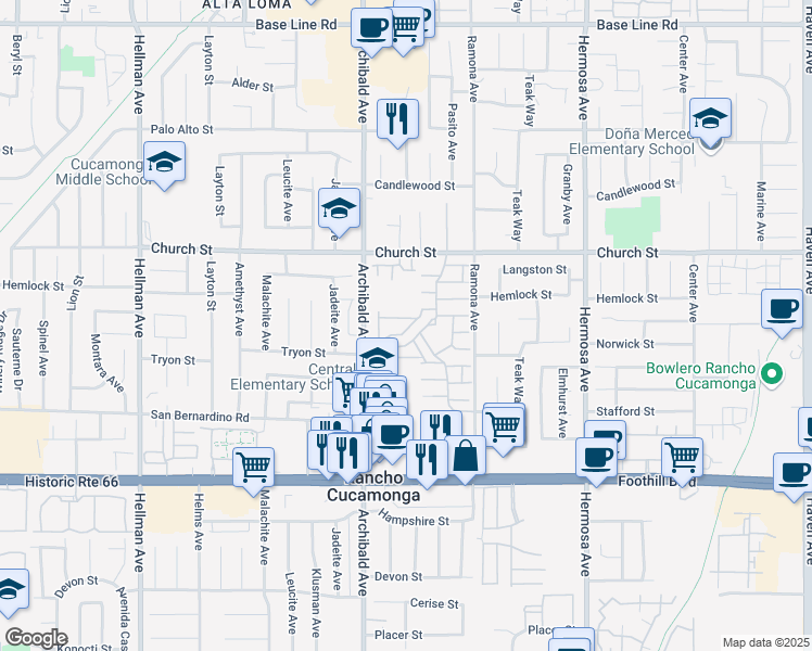 map of restaurants, bars, coffee shops, grocery stores, and more near 9771 El Paseo Drive in Rancho Cucamonga