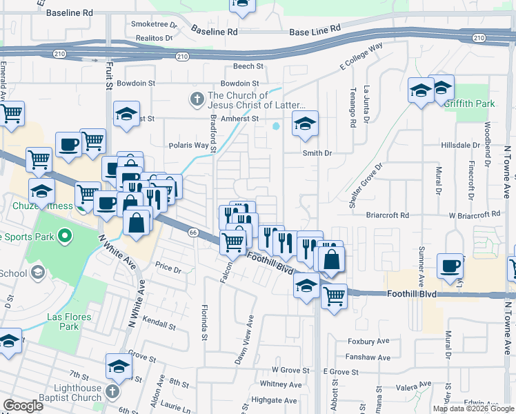 map of restaurants, bars, coffee shops, grocery stores, and more near 3800 Bradford Street in La Verne
