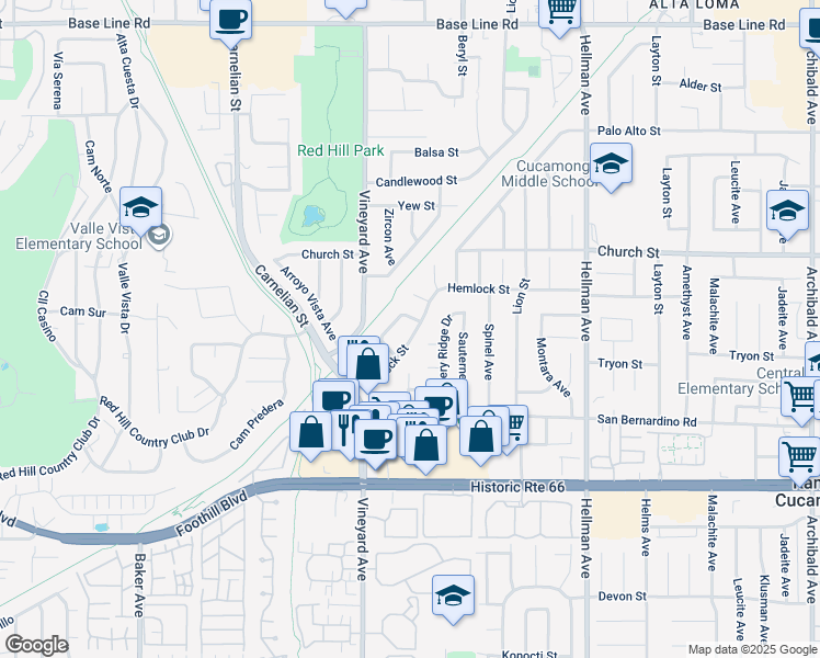 map of restaurants, bars, coffee shops, grocery stores, and more near 8950 Hemlock Street in Rancho Cucamonga