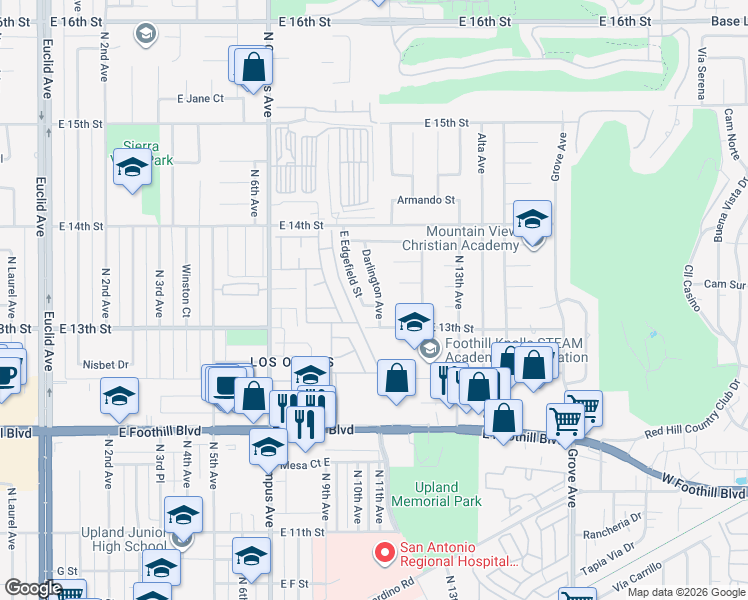 map of restaurants, bars, coffee shops, grocery stores, and more near 1061 East Edgefield Street in Upland