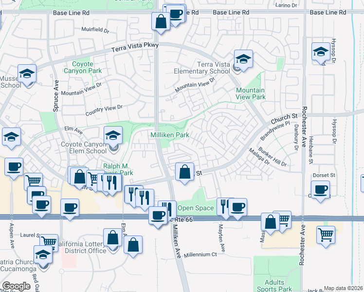 map of restaurants, bars, coffee shops, grocery stores, and more near 11450 Church Street in Rancho Cucamonga