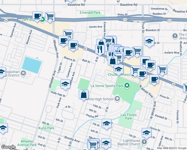 map of restaurants, bars, coffee shops, grocery stores, and more near 1907 Canopy Lane in La Verne