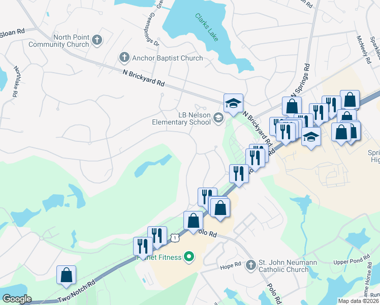 map of restaurants, bars, coffee shops, grocery stores, and more near 732 Southlake Road in Columbia