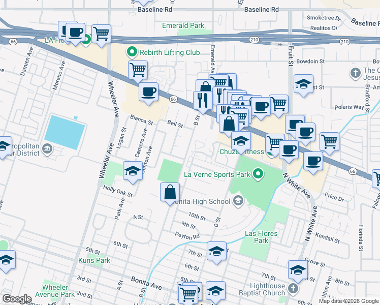 map of restaurants, bars, coffee shops, grocery stores, and more near 1907 Canopy Lane in La Verne