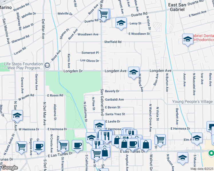 map of restaurants, bars, coffee shops, grocery stores, and more near 8213 Joshua Court in San Gabriel