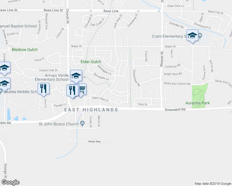 map of restaurants, bars, coffee shops, grocery stores, and more near 29225 Parkcrest Lane in Highland