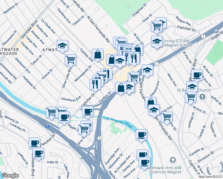 map of restaurants, bars, coffee shops, grocery stores, and more near 3021 La Clede Avenue in Los Angeles