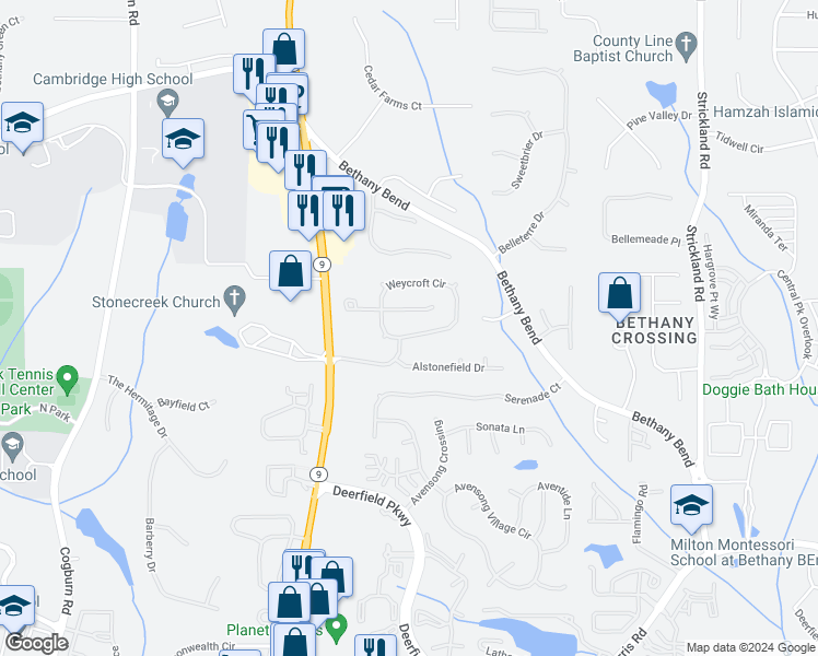 map of restaurants, bars, coffee shops, grocery stores, and more near 13615 Weycroft Circle in Alpharetta