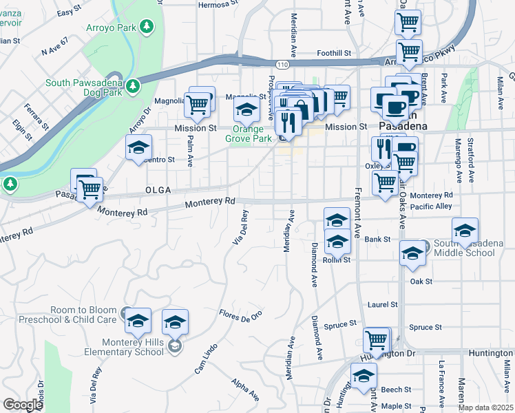 map of restaurants, bars, coffee shops, grocery stores, and more near 845 Monterey Road in South Pasadena