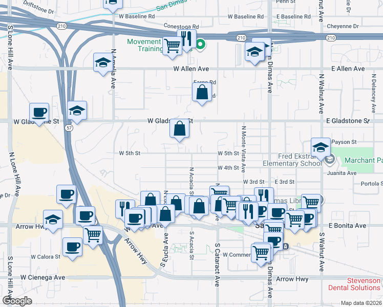 map of restaurants, bars, coffee shops, grocery stores, and more near West 5th Street in San Dimas