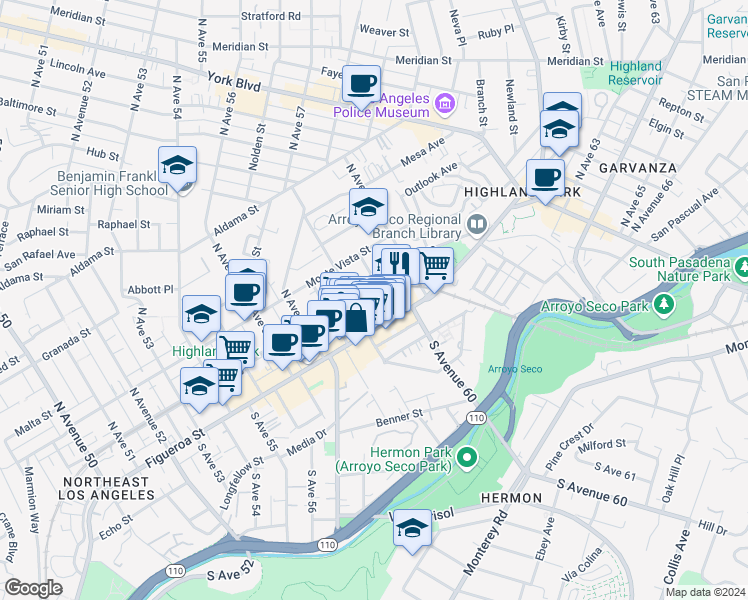 map of restaurants, bars, coffee shops, grocery stores, and more near 5920 Marmion Way in Los Angeles