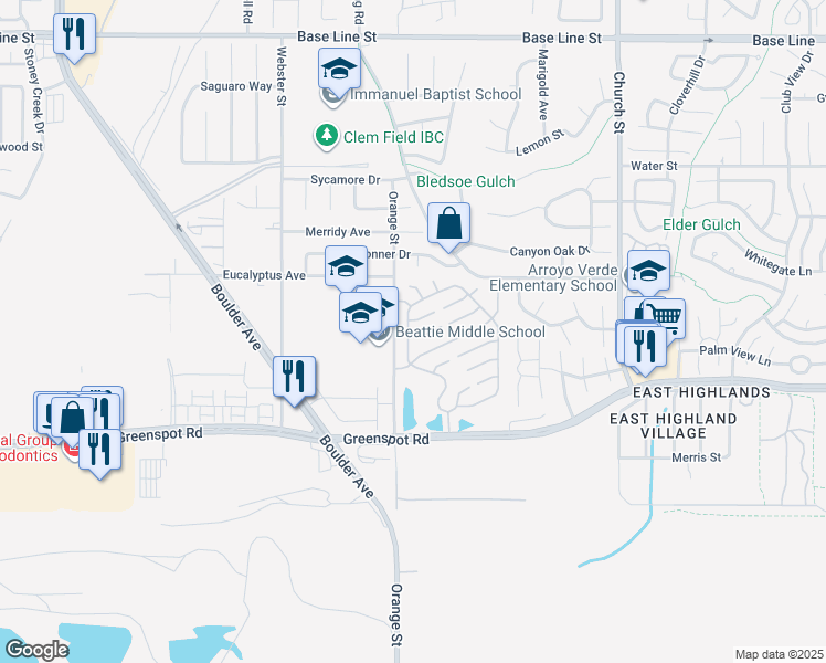 map of restaurants, bars, coffee shops, grocery stores, and more near 28544 Foxboro Lane in Highland