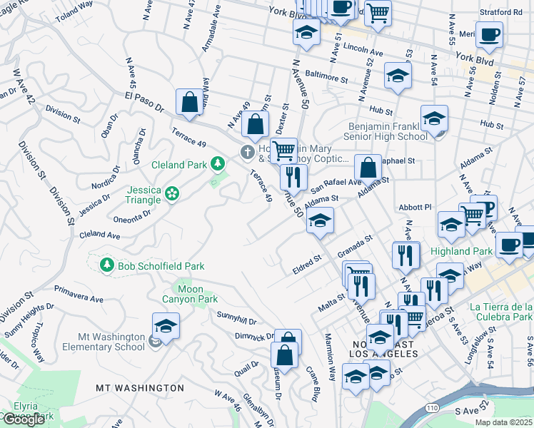 map of restaurants, bars, coffee shops, grocery stores, and more near 768 Terrace 49 in Los Angeles