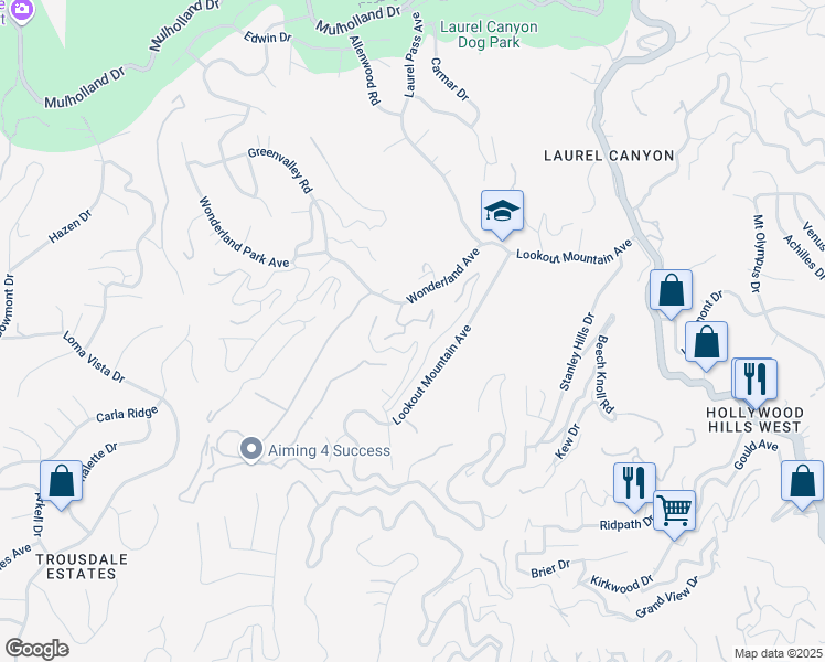 map of restaurants, bars, coffee shops, grocery stores, and more near 2361 Hermits Glen in Los Angeles
