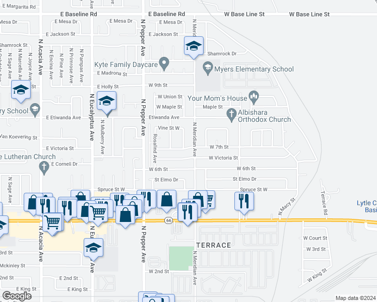 map of restaurants, bars, coffee shops, grocery stores, and more near 2717 West 7th Street in San Bernardino