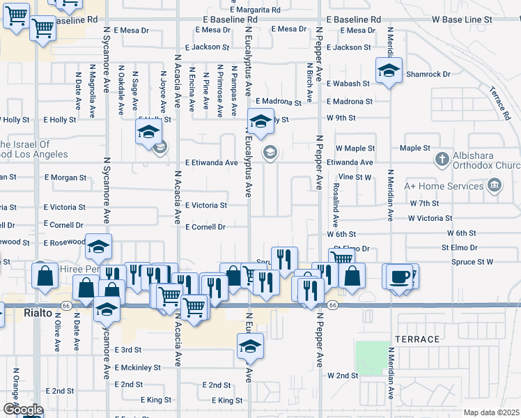 map of restaurants, bars, coffee shops, grocery stores, and more near 668 North Mulberry Avenue in Rialto