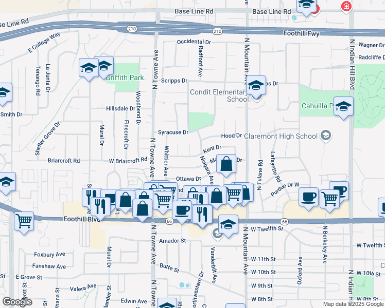 map of restaurants, bars, coffee shops, grocery stores, and more near 955 Kent Drive in Claremont